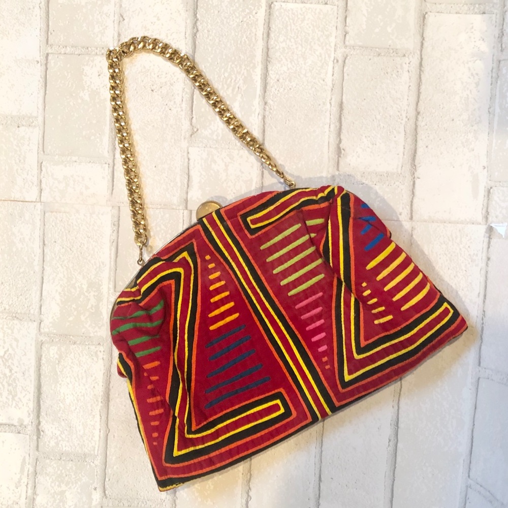 Vintage Kuna Mola Hand Sewn Reverse Applique Purse Gold Chain Clutch OOAK